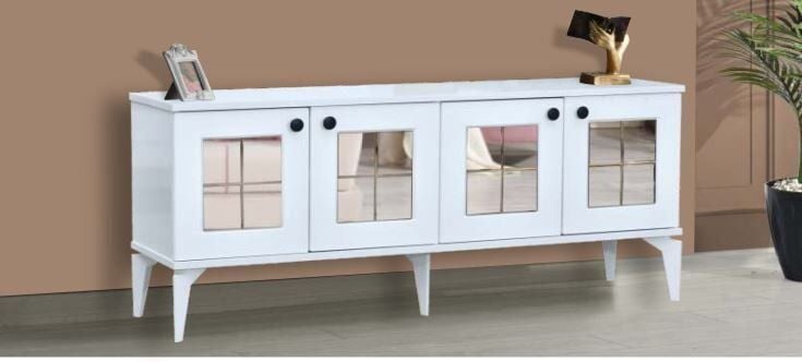 4 Kapılı Aynalı Beyaz TV Sehpası