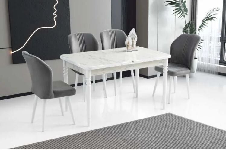 High Gloss Kelebek Masa/ Marmo- 4 Adet Demet Sandalye Masa Takımı