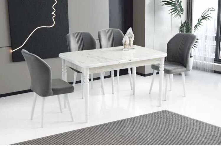 High Gloss Kelebek Masa/ Marmo- 4 Adet Demet Sandalye Masa Takımı