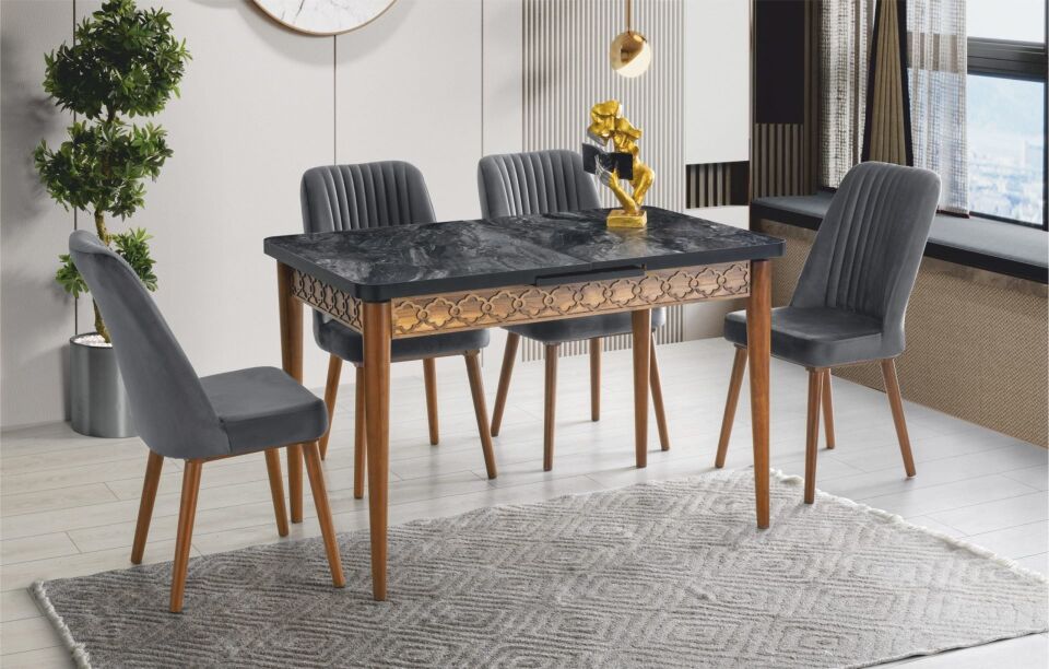 MDF Masa/Cosmos-Ceviz- 4 Adet Ohrid Sandalye Masa Takımı