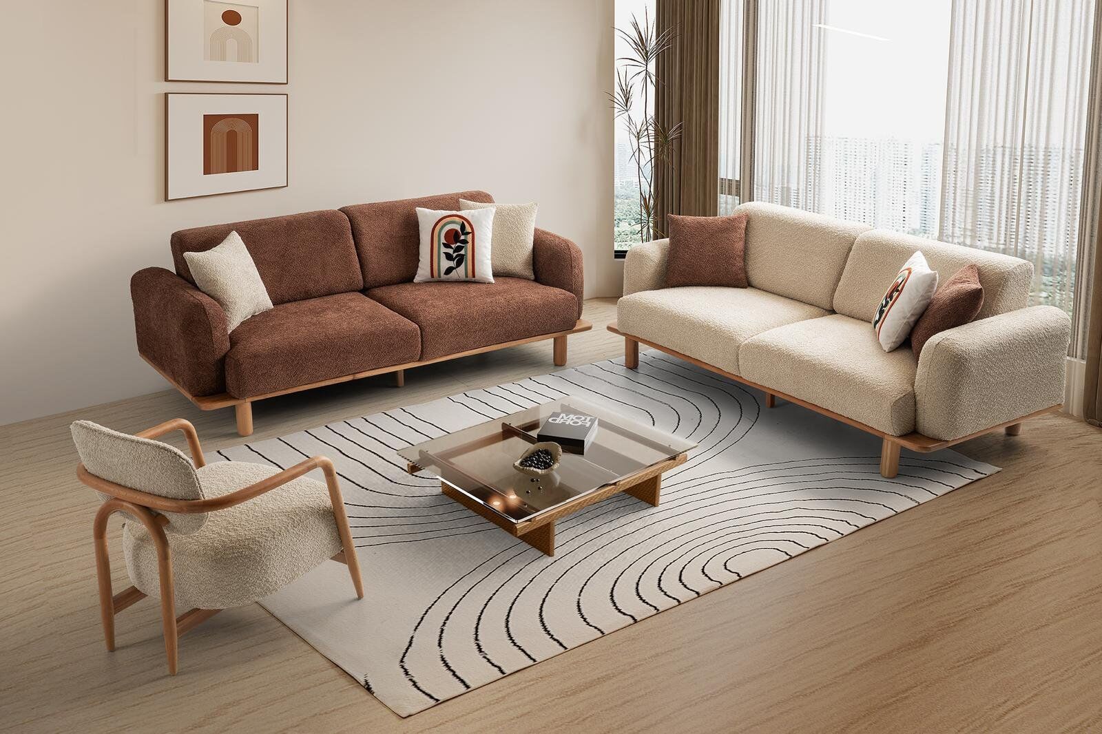 Gloria Ahşap Ayaklı Mekanizmalı 3+3+1 Koltuk Takımı