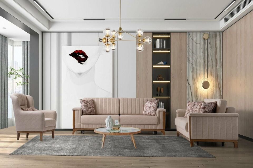 Esra Ahşap Ayaklı Mekanizmalı 3+3+1 Koltuk Takımı