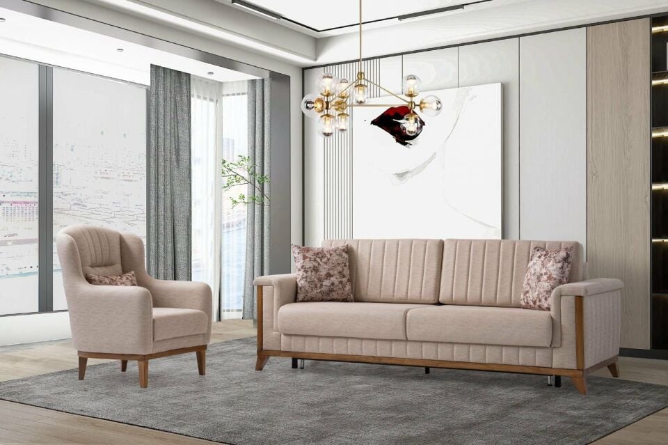 Esra Ahşap Ayaklı Mekanizmalı 3+3+1 Koltuk Takımı