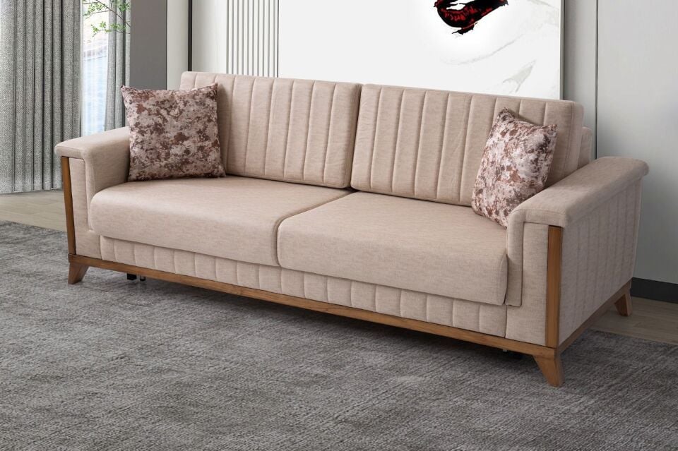 Esra Ahşap Ayaklı Mekanizmalı Pudra Pembesi Kanepe