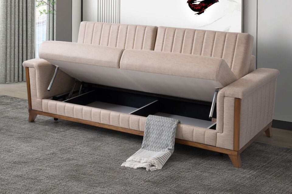 Esra Ahşap Ayaklı Mekanizmalı Pudra Pembesi Kanepe