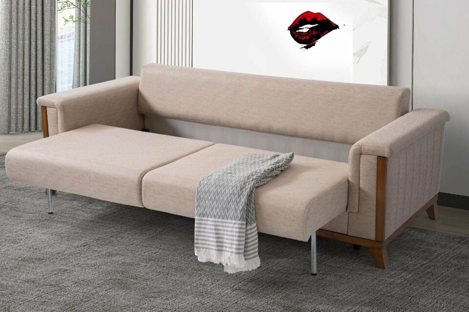 Esra Ahşap Ayaklı Mekanizmalı Pudra Pembesi Kanepe