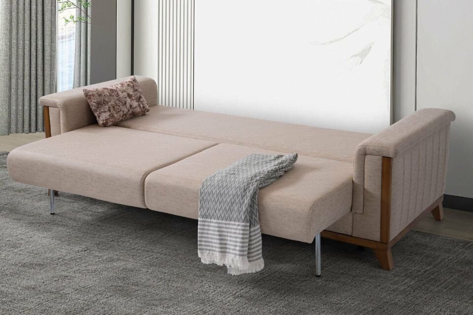 Esra Ahşap Ayaklı Mekanizmalı Pudra Pembesi Kanepe