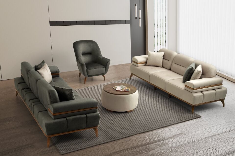 İnci Mekanizmalı Ahşap Ayaklı 3+3+1 Koltuk Takımı