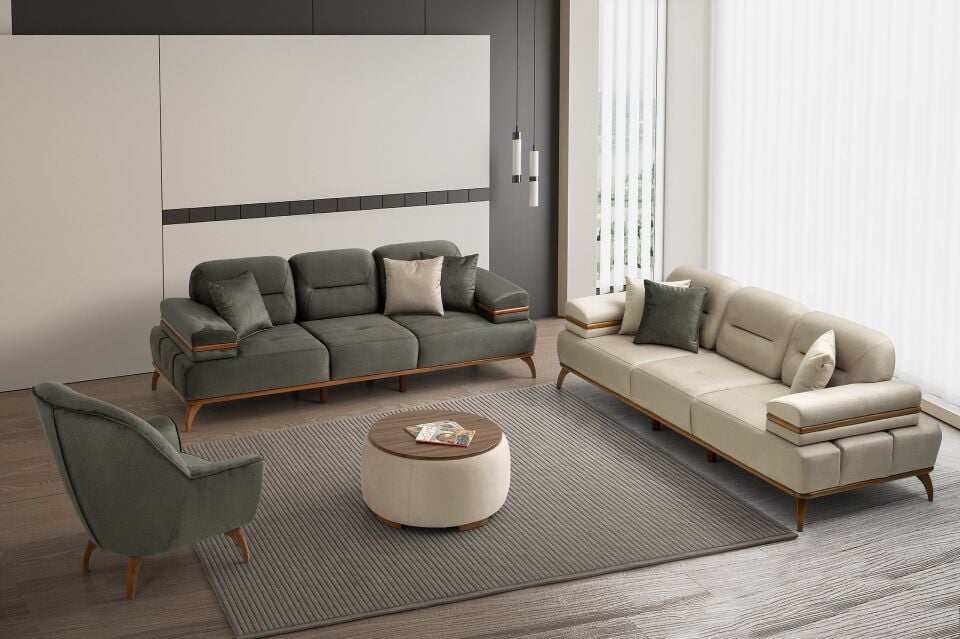 İnci Ahşap Ayaklı Mekanizmalı 3 lü Kanepe