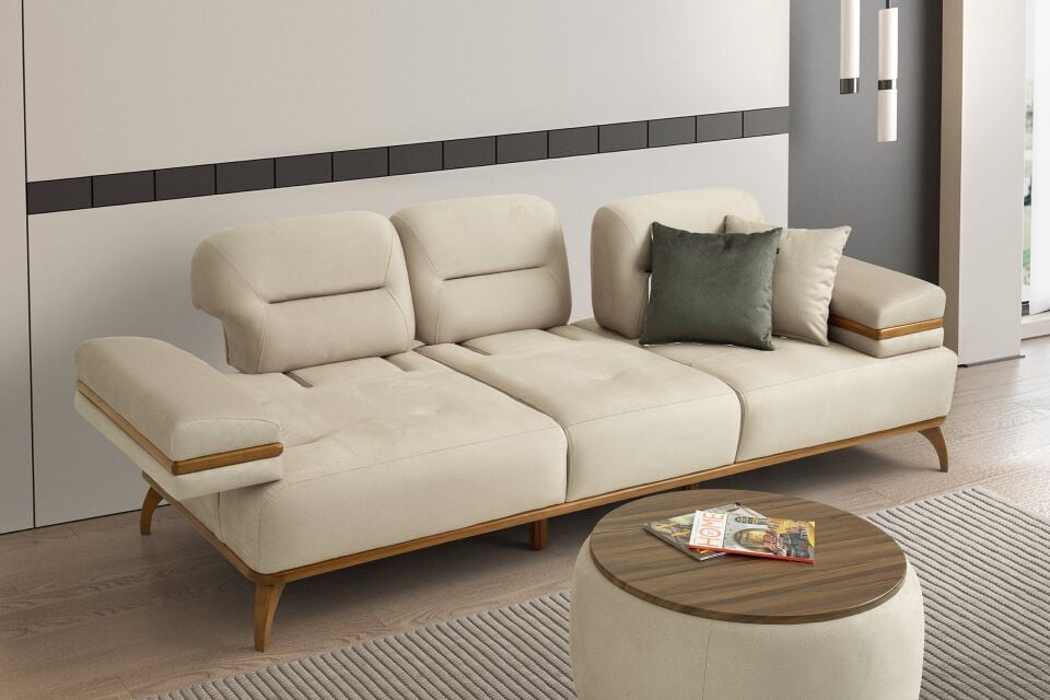 İnci Ahşap Ayaklı Mekanizmalı 3 lü Kanepe