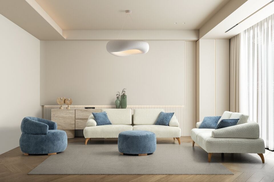 Arti Ahşap Ayaklı Beyaz 3 lü Kanepe