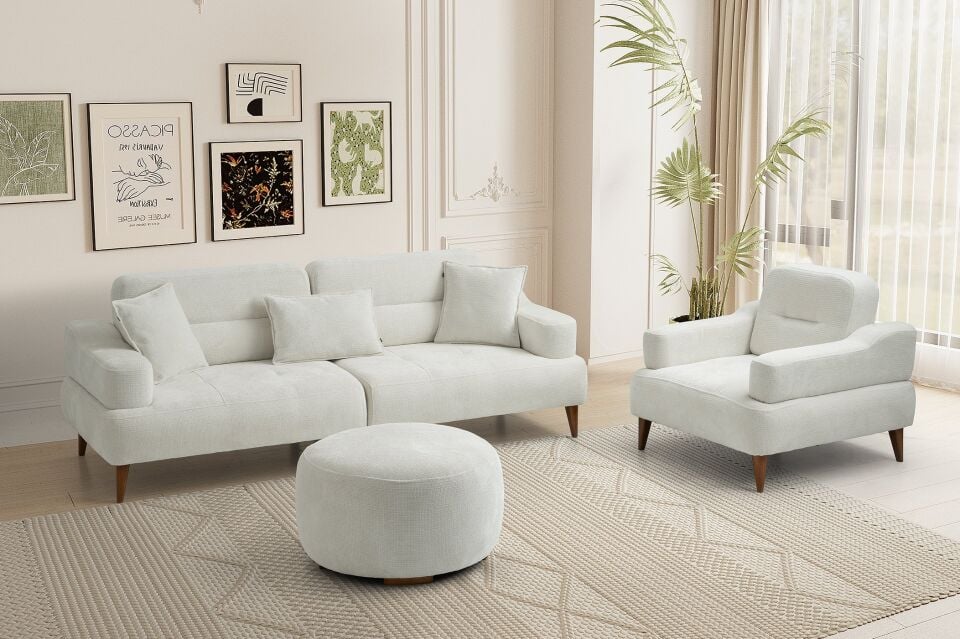 Neo Ahşap Ayaklı Beyaz 3 lü Kanepe