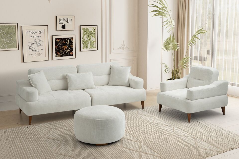 Neo Ahşap Ayaklı Beyaz 3 lü Kanepe