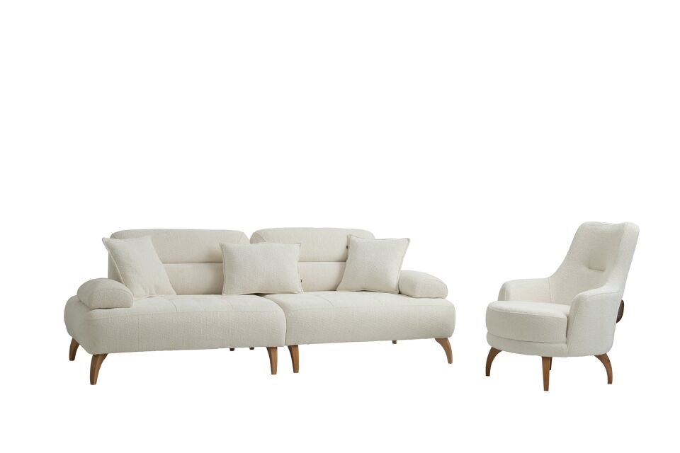 Riva Ahşap Ayaklı 3 lü Beyaz Kanepe