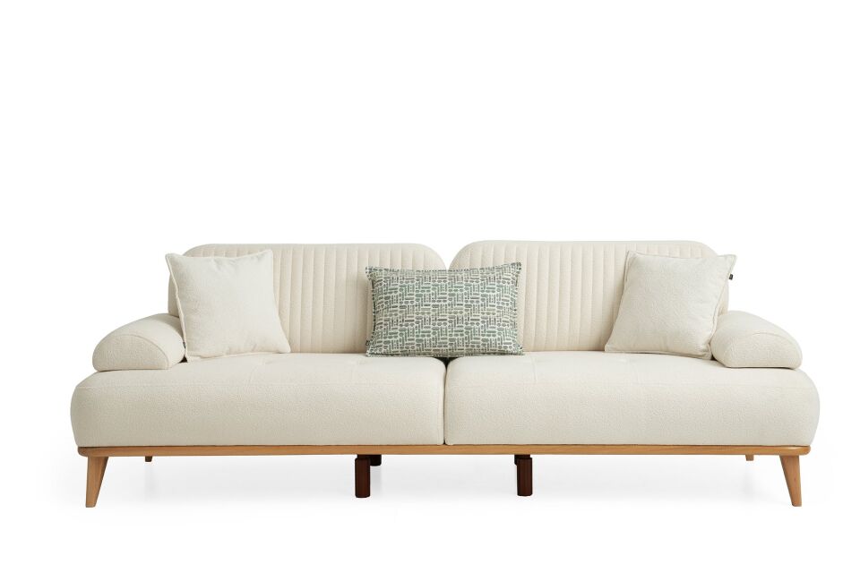 Tera Ahşap Ayaklı Beyaz 3 lü Kanepe