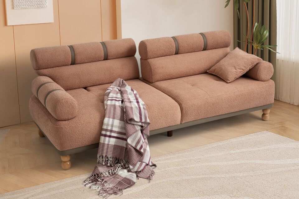 Dama Ahşap Ayaklı 3 lü Pudra Kanepe