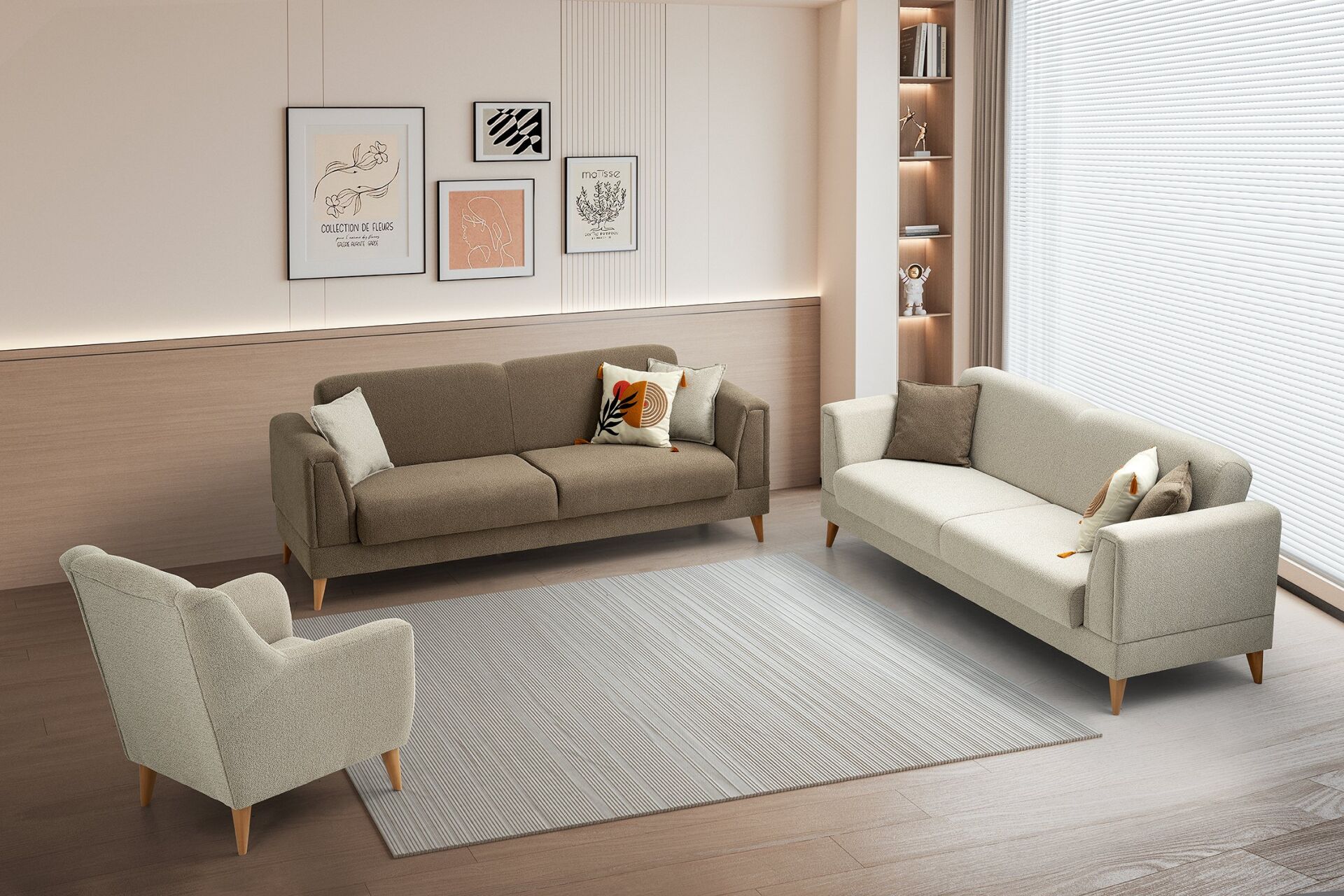 Gürün Ahşap Ayaklı Kahverengi 3 lü Kanepe