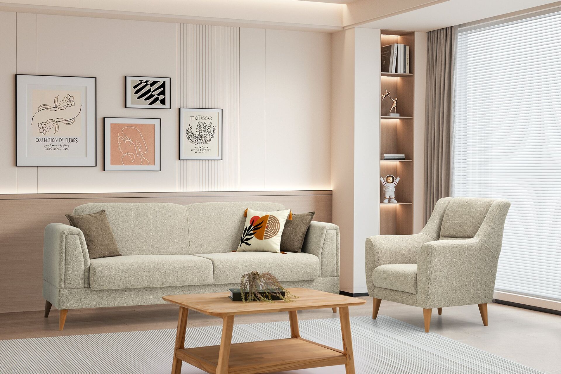 Gürün Ahşap Ayaklı Beyaz 3 lü Kanepe