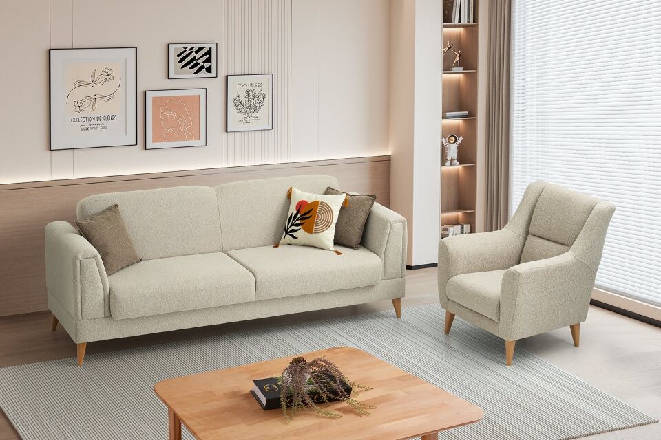 Gürün Ahşap Ayaklı Beyaz 3 lü Kanepe