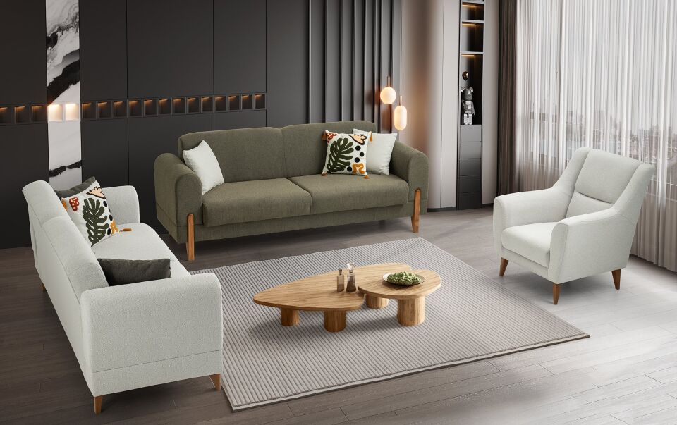 Zara Ahşap Ayaklı Beyaz 3 lü Kanepe