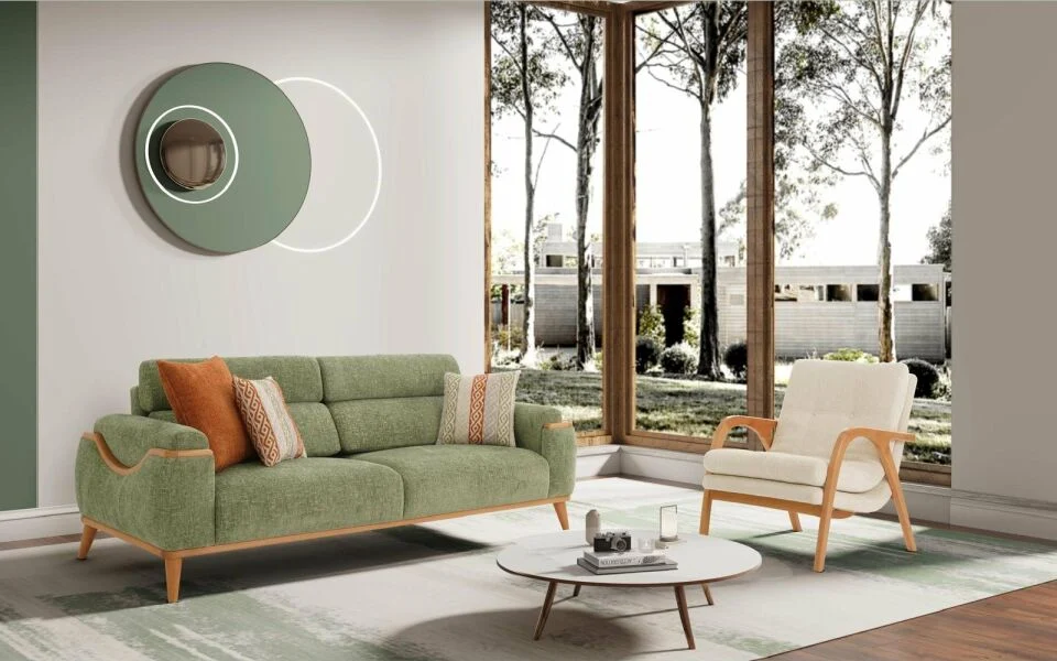 Efes Ahşap Ayaklı Kollu Krem Berjer