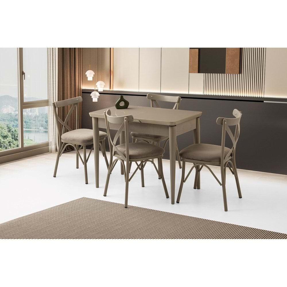 Mobilgen Cappicino 4 Adet Çapraz Sandalye 100+25 Kelebek Tekno Kenar HG Açılabilir Masa Takımı