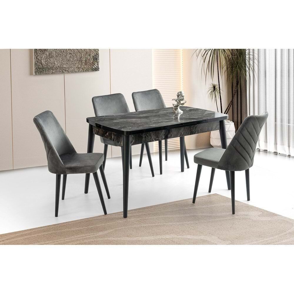 Mobilgen Siyah Mermer 4 Adet Talia Sandalye 130+35 Milano Kelebek Açılabilir Masa Takımı