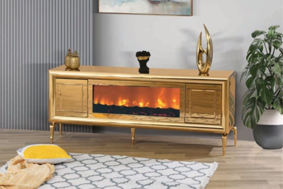 Bera Gold Şömineli Aynalı Anka TV Sehpası
