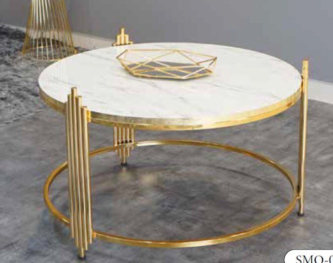 Mim Beyaz Mermer Desenli - Gold Melek Sütun Orta Sehpa