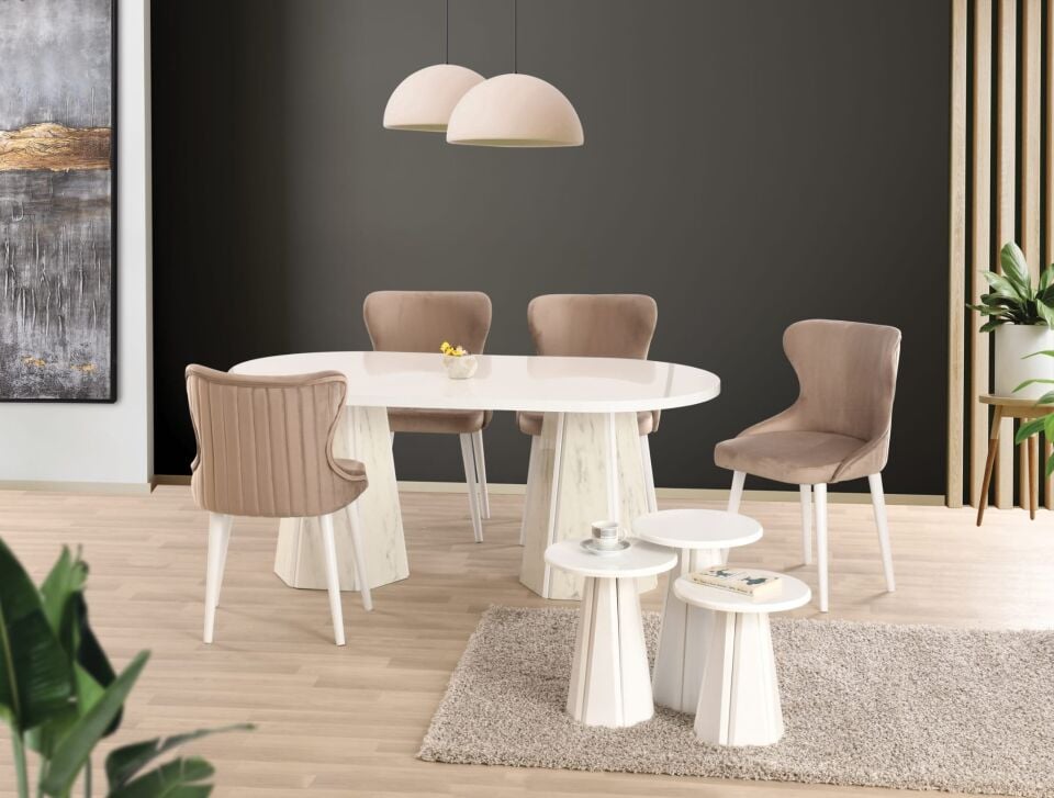 Uyar Beyaz Highgloss 4 Adet Kelebek Sandalye 90*160 Pota Sabit Masa Takımı