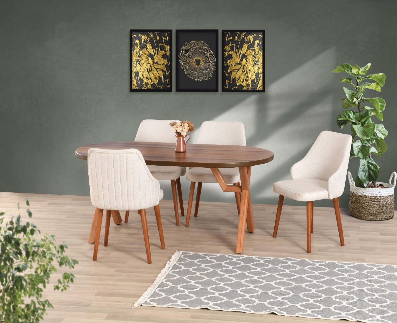 Uyar Ceviz Kaplama 4 Adet Verona Sandalye 90*160 Sahra Sabit Masa Takımı