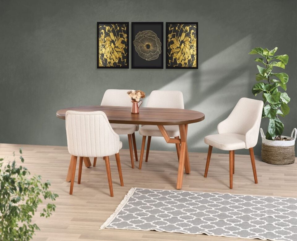 Uyar Ceviz Kaplama 4 Adet Verona Sandalye 90*160 Sahra Sabit Masa Takımı