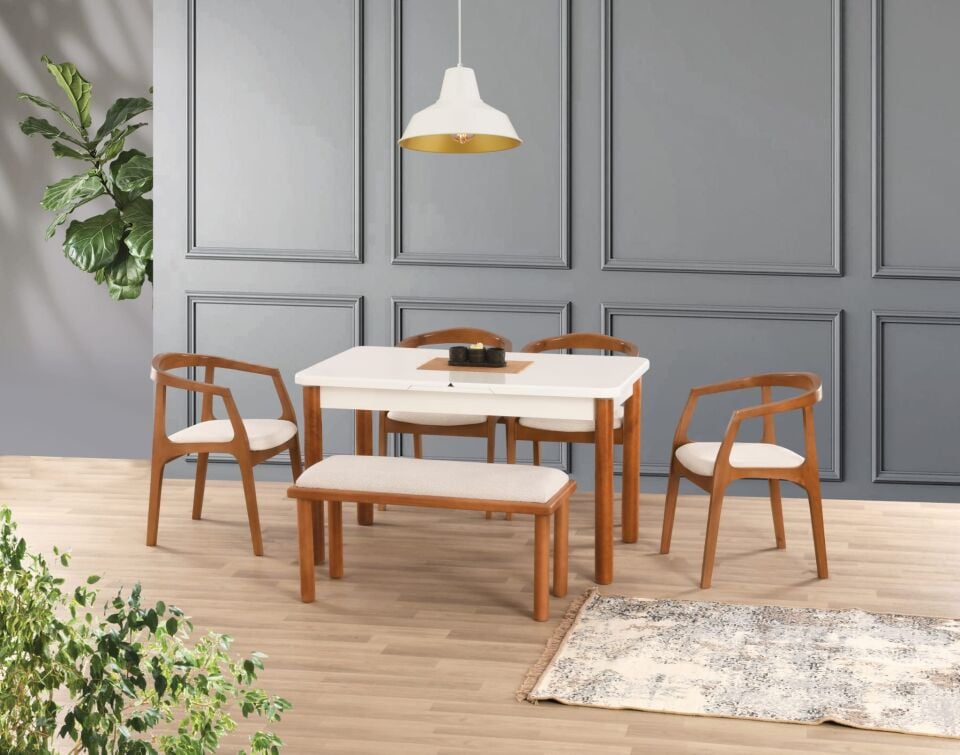 Uyar Beyaz - Ceviz 1 Adet Bohem Bench 4 Adet Zaya Sandalye 160+30 Pars Açılır Masa Takımı