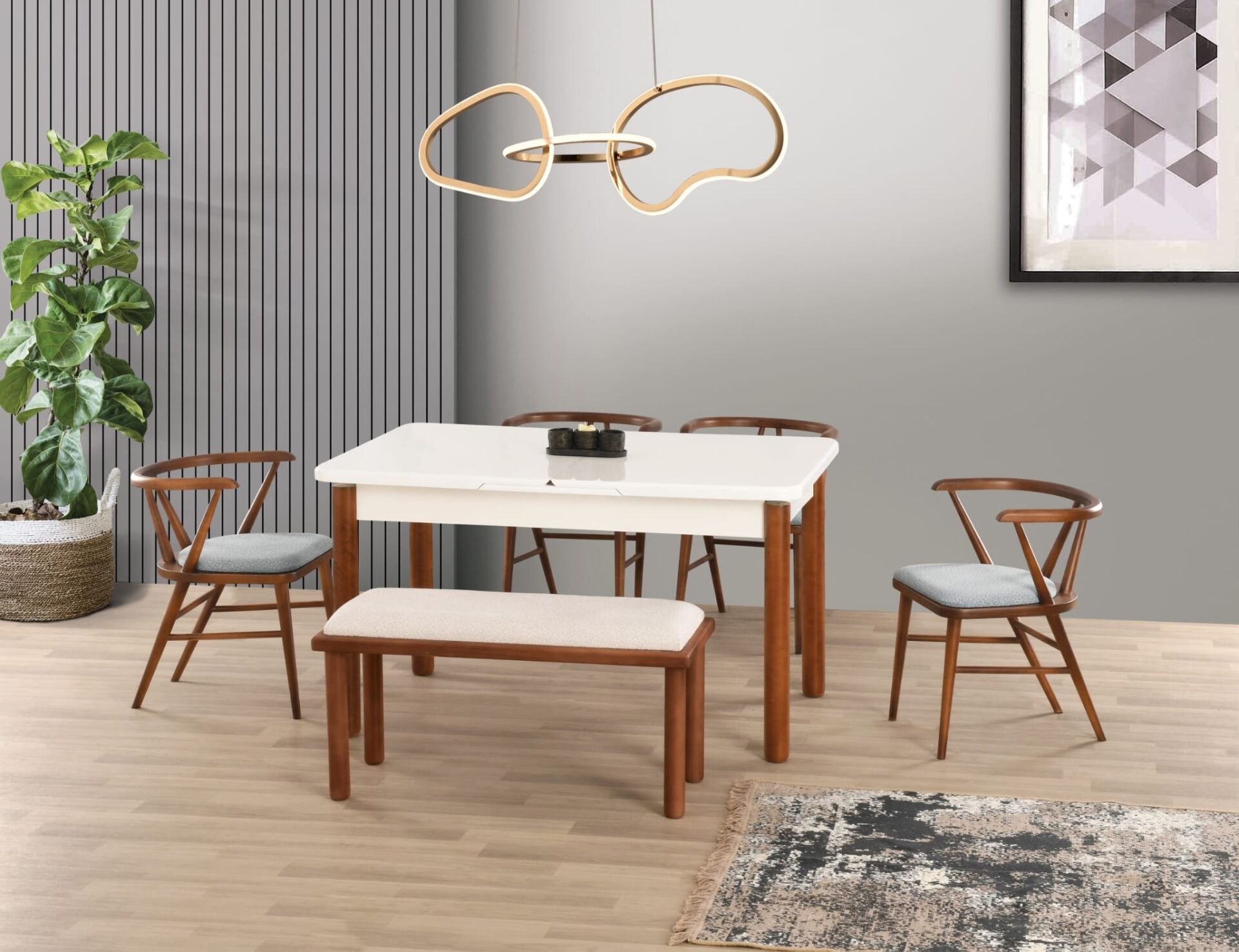 Uyar Beyaz 1Adet Bohem Bench 4 Adet Londra Sandalye 160+30 Pars Açılabilir Masa Takımı