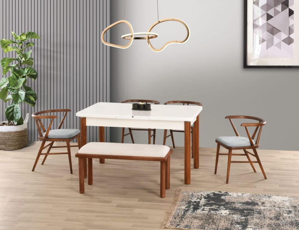 Uyar Beyaz 1Adet Bohem Bench 4 Adet Londra Sandalye 160+30 Pars Açılabilir Masa Takımı