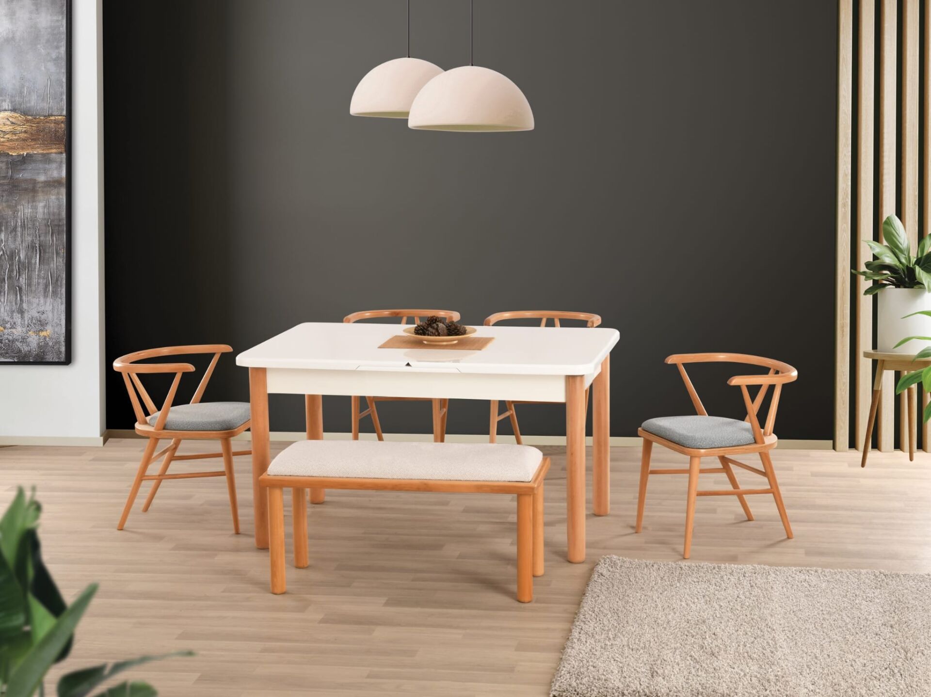 Uyar Beyaz 1 Adet Bohem Bench 4 Adet Londra Sandalye 160+30 Pars Açılabilir Masa Takımı