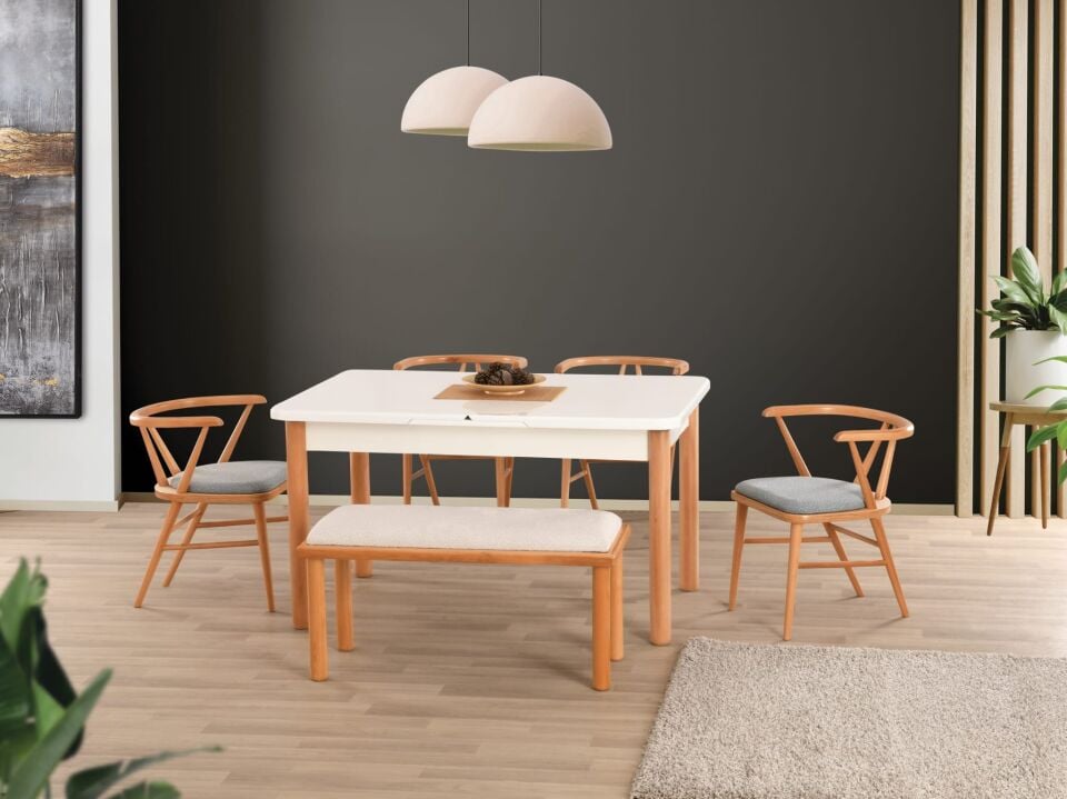Uyar Beyaz 1 Adet Bohem Bench 4 Adet Londra Sandalye 160+30 Pars Açılabilir Masa Takımı