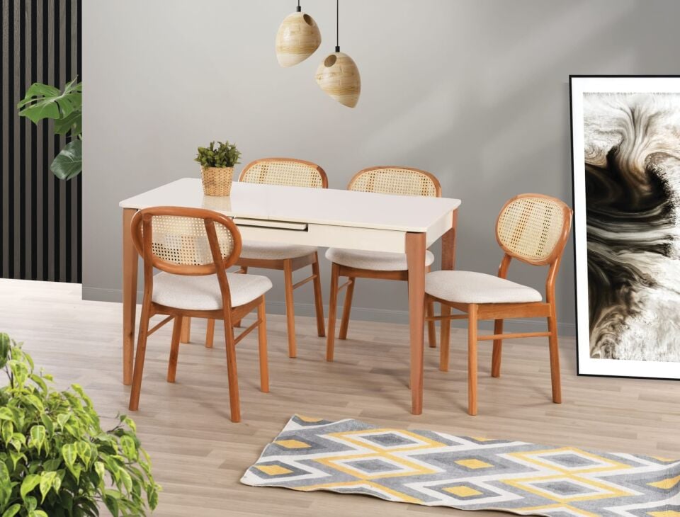 Uyar Beyaz Ahşap Ayak 4 Adet Milenyum Sandalye 160+30 Paris Açılabilir Masa Takımı