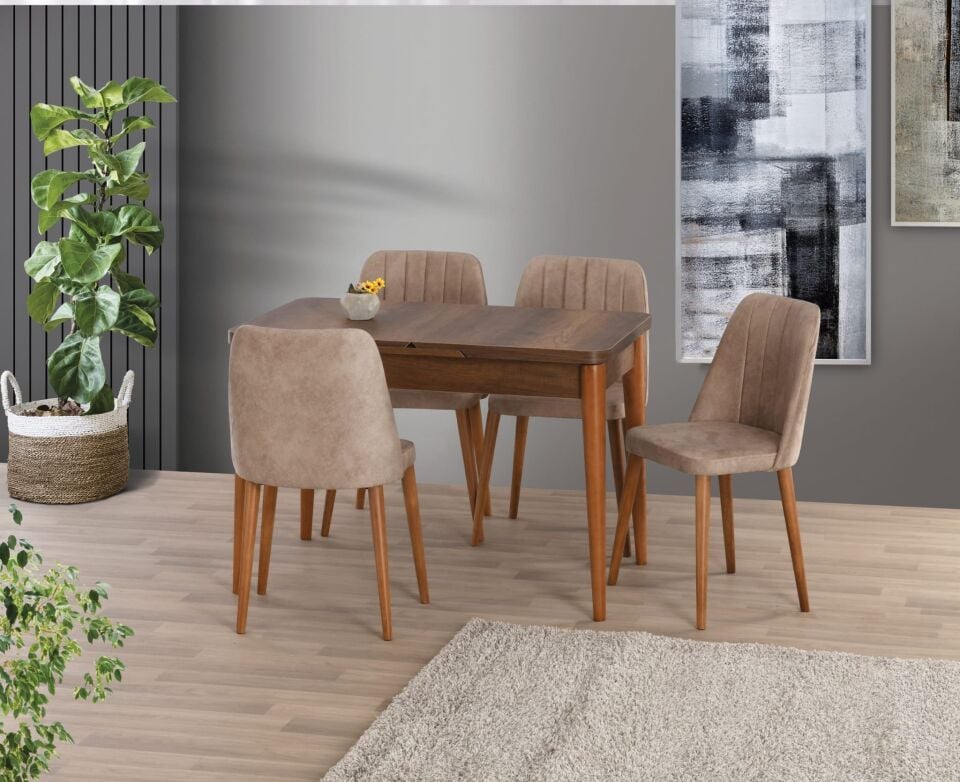 Uyar Barok Ceviz 4 Adet Havuz Salon Sandalye 75*130+30 Kelebek Açılır Masa Takımı