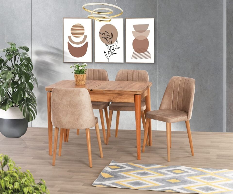 Uyar Antik Çam 4 Adet Havuz Mutfak Sandalye 110+30 Kelebek Açılabilir Masa Takımı