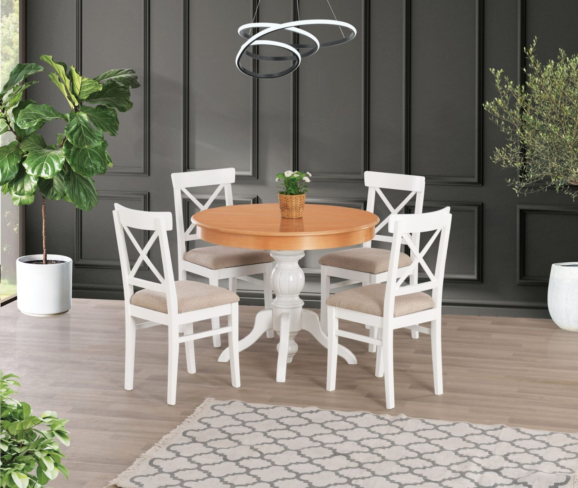 Uyar Naturel 4 Adet Alaçatı Sandalye 100*100+30 Fiskos Açılabilir Masifli Masa Takımı