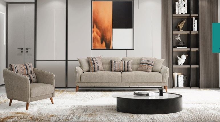Relax Krem  Kahve Ahşap Ayaklı Koltuk Takımı
