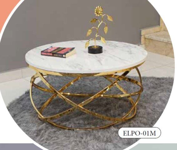 Mim Beyaz Mermer - Gold Elips Orta Sehpa