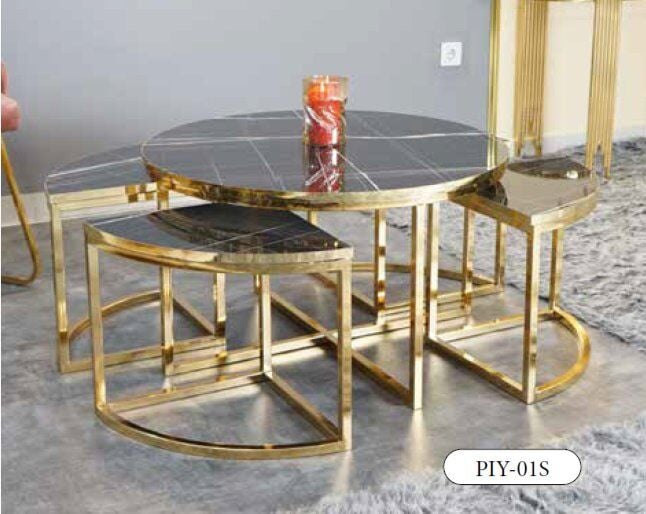 Mim Siyah Mermer - Gold Yuvarlak 4+1 Pizza Orta Sehpa