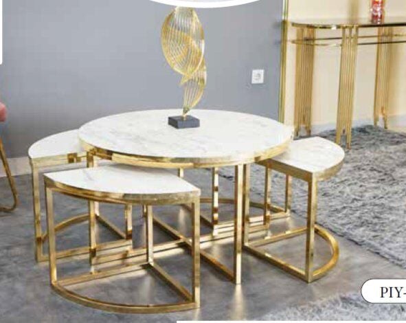Mim Beyaz Mermer - Gold Yuvarlak 4+1 Pizza Orta Sehpa