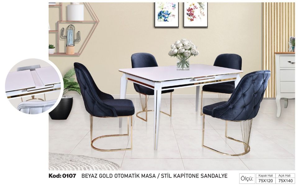 Beyaz Gold Otomatik Masa Stil Kapitone Sandalye