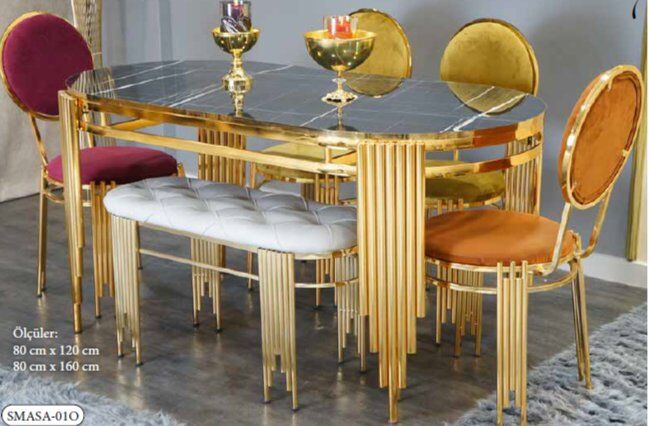 MİM (Sadece Masa) Siyah Mermer - Gold 80 *160 Sütun Oval Açılabilir Masa
