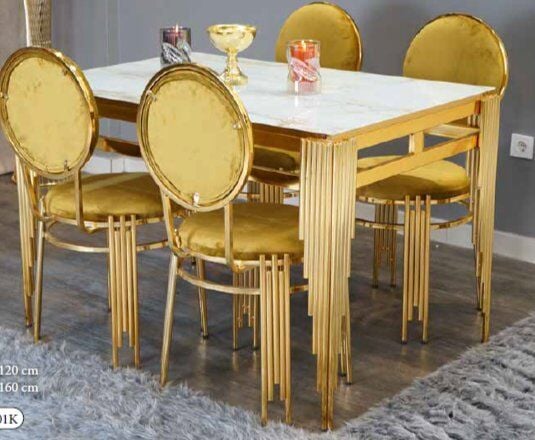 MİM (Sadece Masa) Beyaz Mermer - Gold 80 *160 Sütun Kare Sabit Masa