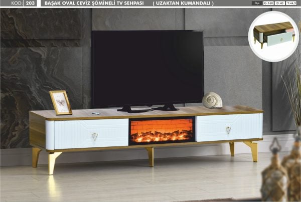 Başak Oval Ceviz-Beyaz Şömineli Televizyon(TV) Sehpası Uzaktan Kumandalı