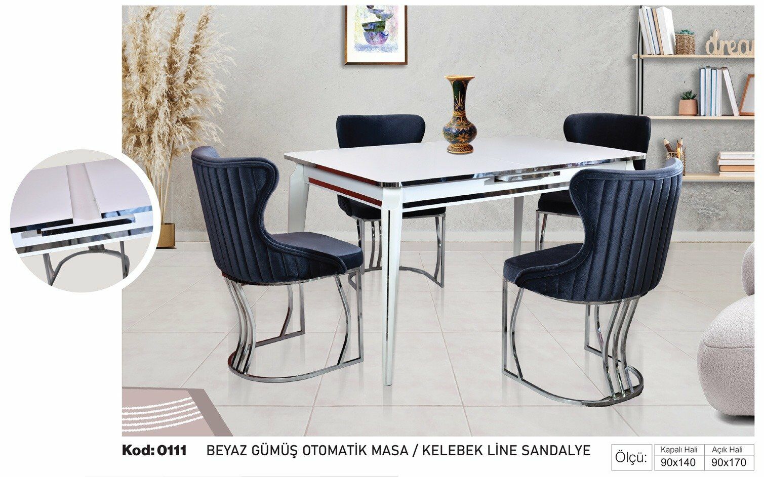 Beyaz Gümüş Otomatik Masa Lacivert Kelebek Line Sandalye